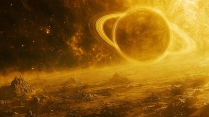 Wall Mural - a surreal depiction of a ringed planet in golden hues