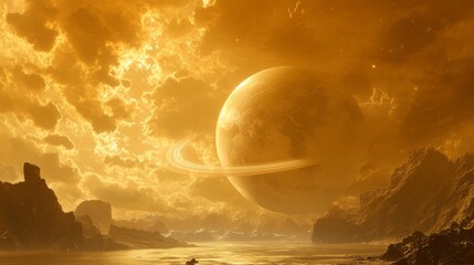 Wall Mural - a surreal depiction of a ringed planet in golden hues