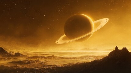 Wall Mural - a surreal depiction of a ringed planet in golden hues