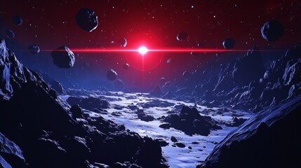 Wall Mural - a peaceful view of an asteroid field illuminated by a red star
