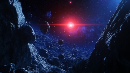 Wall Mural - a peaceful view of an asteroid field illuminated by a red star