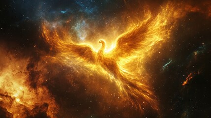 Wall Mural - A golden-hued nebula forming the shape of a mythical phoenix 