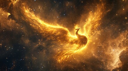 Wall Mural - A golden-hued nebula forming the shape of a mythical phoenix 
