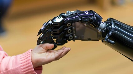 Poster - A robot hand is touching a child's hand. The robot is black and the child is wearing a pink sweater. Concept of wonder and curiosity about the robot and its capabilities