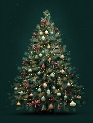 Wall Mural - christmas tree adorned with ornaments and lights on a dark green background festive greeting card fr