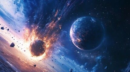 Wall Mural - A stunning view of two planets colliding in space 