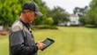 © Justlight - Overtheshoulder view of a golf course manager reviewing digital moisture data on a tablet directing watering schedules to maintain consistent turf quality.