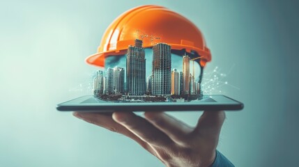 Wall Mural - Hand holding tablet showing cityscape inside hard hat; digital construction concept.