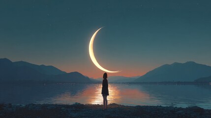 Wall Mural - A person stands alone at the edge of a serene lake, admiring a large crescent moon illuminating the darkening sky and surrounding mountains during twilight.