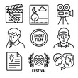 © vVadim - Independent Film Icons. Outline style icons of Independent Film Vibes: clapperboard with indie tag, moody scene, retro camera,