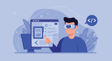Modern tech developer in virtual reality coding environment with digital interface
