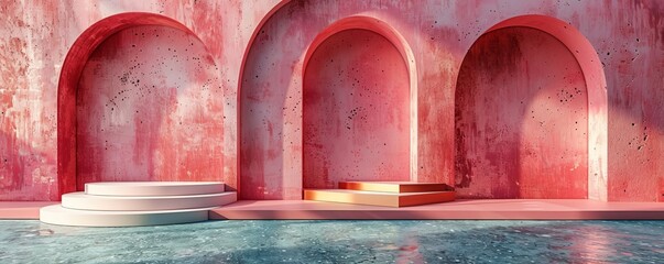 Poster - Pink podium with curved stair and archways in aesthetic pink textured room
