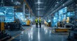 © SKIMP Art - A high-tech factory floor with blue and yellow machinery, where two workers in safety gear stand talking to each other while surrounded by digital screens displaying data visualizations Generative AI
