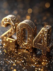 Wall Mural - golden 2024 numbers sparkle amidst bokeh lights and confetti