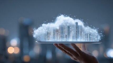 smart city concept with real skyscrapers layout with glowing digital cloud technology icons on digital tablet screen that carrying businessman hand on blurry megapolis city background no logos no bra
