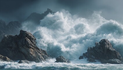  Dramatic seascape with crashing waves and rocky formations under a stormy sky.