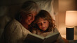 © Rubens - Warm, intimate moment as grandmother and granddaughter read a bedtime story together in cozy light