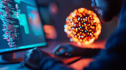 Bearded Coder at Desk with Code Display and Data Globe, Developer , Technology