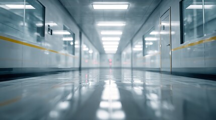 Abstract sterile hospital corridor perspective with bright lights and shiny floor