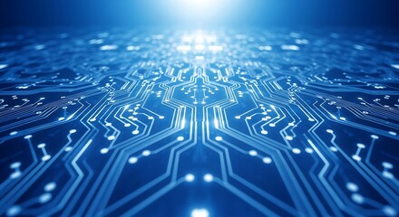 Abstract blue glowing circuit board representing advanced technology, data flow, and digital networks with a sense of speed and innovation