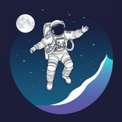 astronaut floating in space near moon and stylized mountain range.