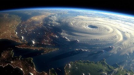 Wall Mural - a massive hurricane or cyclone swirling in the atmosphere above earth. ideal for themes related to c