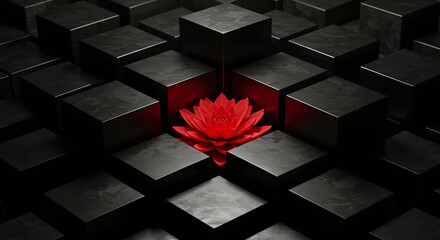 Geometric cubes and vibrant red flower create an intriguing visual contrast