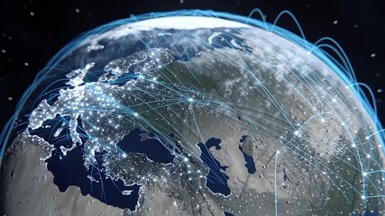 Wall Mural - futuristic concept of a digital network connecting major cities and regions, symbolizing global comm