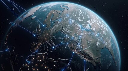 Wall Mural - Futuristic concept of a digital network connecting major cities and regions, symbolizing global communication, data transfer, technology, and connectivity.