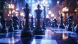 © akun - Close-up of a chess game with focus on the black king pieces, set in a grand, ornate hall with chandeliers.