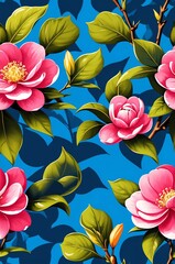 Wall Mural - Camellias on blue background cartoonish seamless pattern