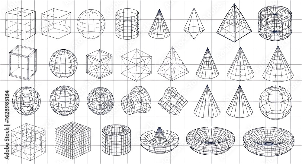 Wireframe geometric shapes, various three-dimensional forms, arranged ...