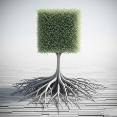 Square tree with exposed roots on a textured surface