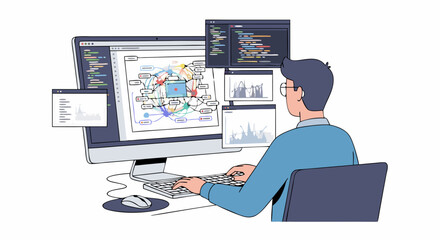 Application developer working on software development with multiple displays and project visualization tools