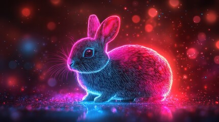 Glowing rabbit with pink and blue neon effect against a dark bokeh background.