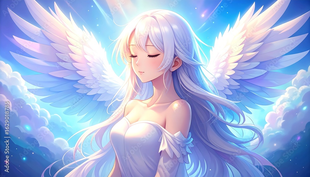 Beautiful angel girl with white hair and wings Stock Illustration ...