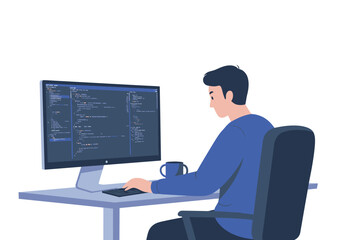 Focused Programmer Coding on Desktop Computer Typing on Keyboard Wearing Purple Sweater.