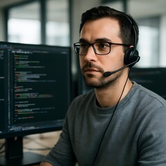 Focused software developer wearing a headset working on multiple monitors with code displayed, representing programming, technology, remote work, and customer support in IT


