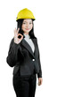 © Creativa Images - Woman construction manager with a hard hat giving an okay gesture, isolated on white background