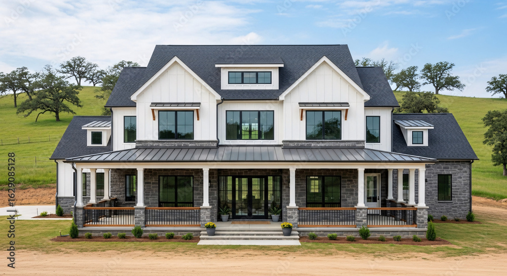Twostory modern farmhouse with white vertical siding grey stone accents ...