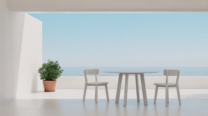 Wall Mural - modern outdoor seating area with table and chairs overlooking ocean minimalist
