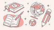 © danish - Illustration of books globe pencil and graduation cap representing education and learning materials drawn
