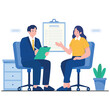 © Space - HR Recruitment Illustration. Vector illustration of HR manager interviewing a job applicant in an office with resume evaluation, representing recruitment and employment process. Isolated on background