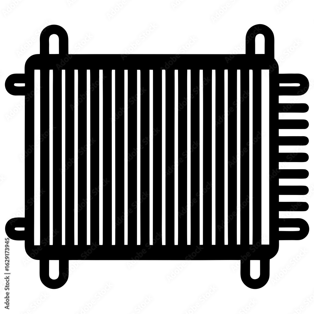Stylized black and white line art icon of a radiator with rounded ...