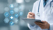 © suldev - Online medical checklist and documentation system in use by doctor, concept of smart healthcare. physician assessment expert checks patient care quality, hospital assessment of treatment