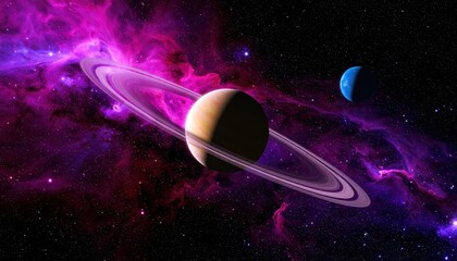 Wall Mural - Captivating image of Saturn with rings, a distant planet, and a colorful nebula backdrop in space.