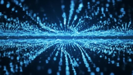 Blue binary code streams toward a center point set against a dark background