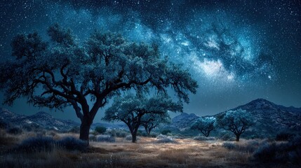 Night sky over a field of trees