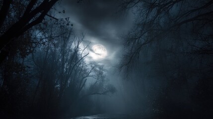 Wall Mural - A dark forest under a cloudy night sky is transformed by the glow of a full moon. Shadows dance among the trees as a serene river flows quietly below.
