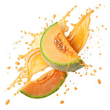 Cantaloupe slices with juice splash isolated on transparent background